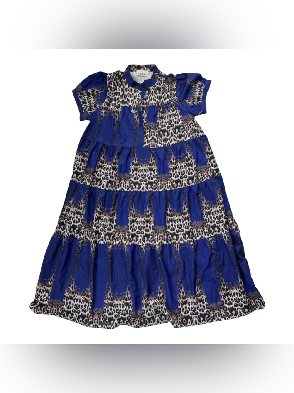 NWT Kate Hewko Blue Abstract Animal Print Tiered Midi Dress One Size
